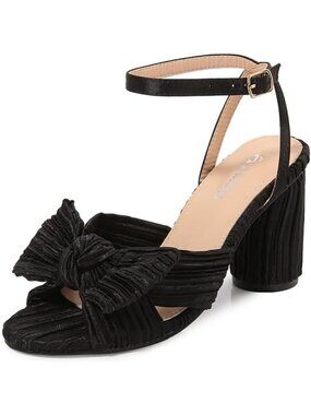 🆕Women Black Ankle Strap Bowknot Chunky Wedding Party Dress Shoes Heeled Sandal